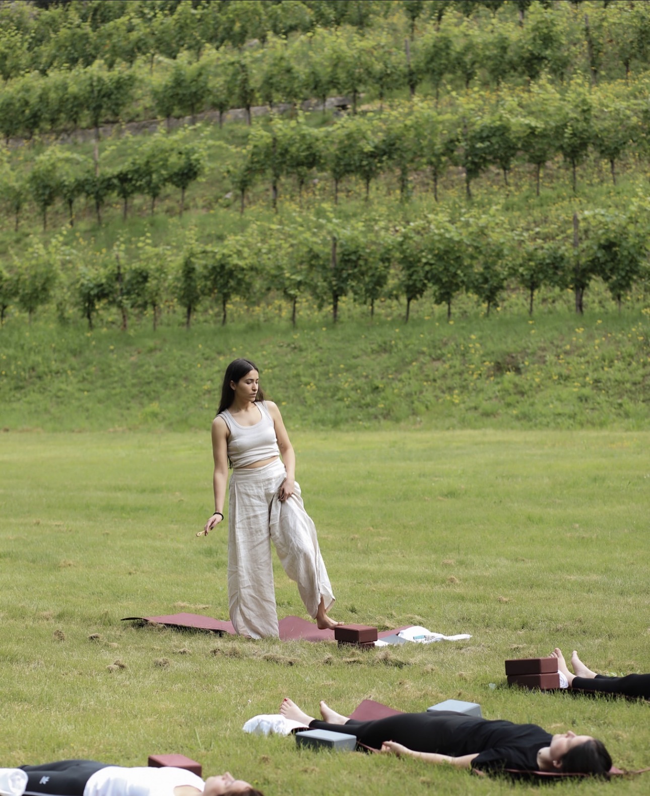 Guests lying on mats for guided movement on the lawn below the Franciacorta vineyards