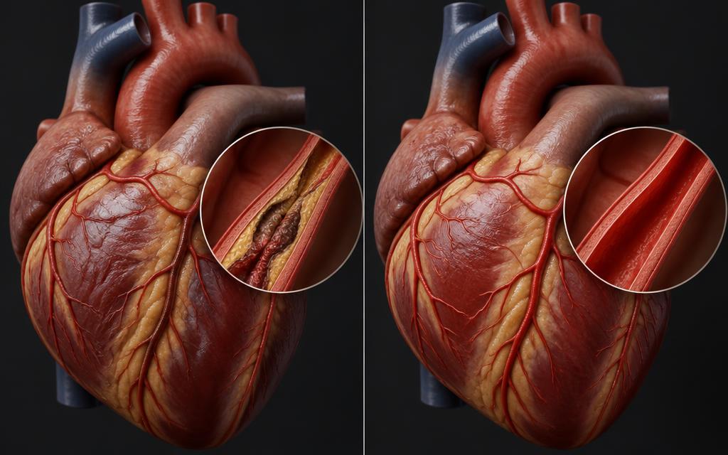 Anatomical visualization, not patient imaging Heart before and after — AI-generated anatomical visualization, not patient imaging
